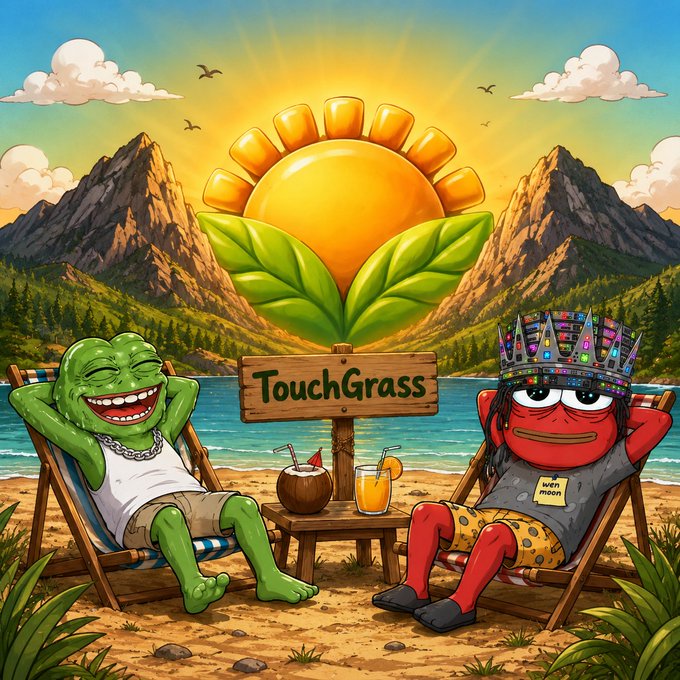 Cartoon illustration featuring two meme characters (green Pepe-style and red figure) lounging on beach chairs with a 'TouchGrass' sign, tropical drinks, and a sunburst over mountains and lake.