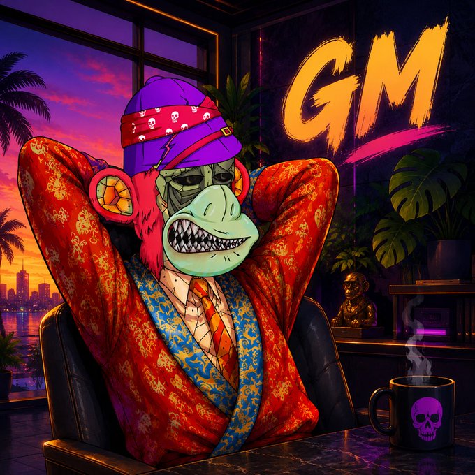 A colorful digital illustration of a Bored Ape character wearing a purple beanie and red robe, sitting next to a steaming coffee mug with a skull, under the text 'GM'.