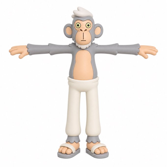 A 3D render of a gray monkey character with a cream belly, arms outstretched in a T-pose, wearing white pants and sandals on a white background.