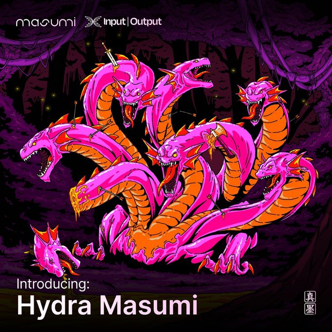 A vibrant illustration depicts a multi-headed pink and orange hydra with swords piercing its necks, set against a dark purple forest backdrop with floating lanterns. The text reads "masumi Input|Output," "Introducing: Hydra Masumi," and features Japanese kanji, tying the mythological beast imagery to the Hydra governance proposal being promoted.