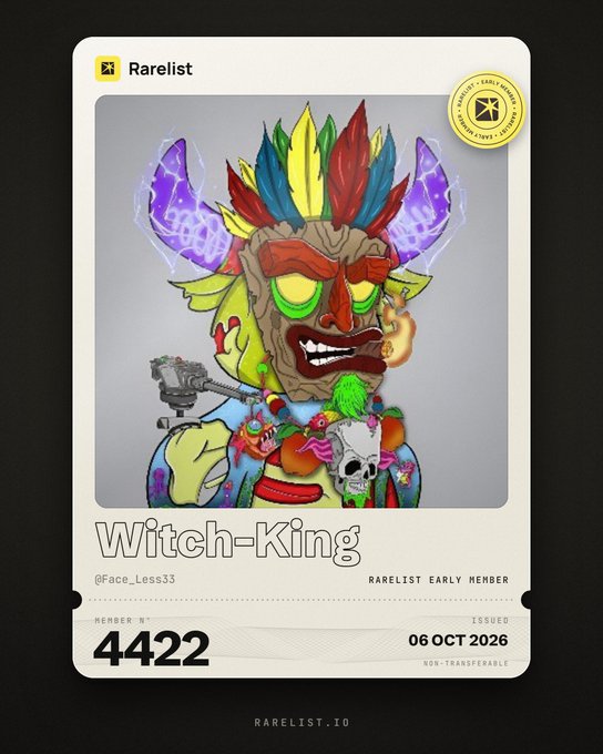 A digital membership card from Rarelist featuring a colorful illustration of a 'Witch-King' character with a wooden mask, feathered headdress, and skull necklace, issued to @Face_Less33 as member #4422 on 06 OCT 2026.