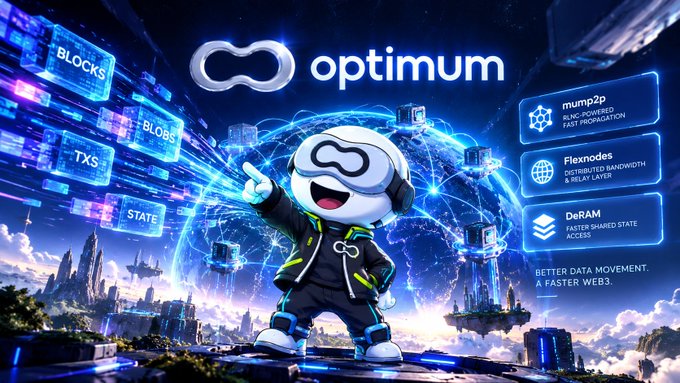 A promotional graphic for 'optimum' featuring a cartoon mascot in a futuristic city setting, highlighting features like 'BLOCKS', 'BLOBS', 'TXS', 'STATE', 'mump2p', 'Flexnodes', and 'DeRAM'.