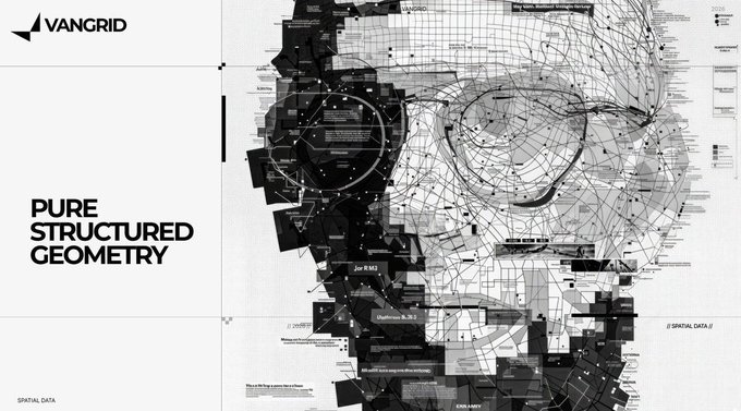 A black-and-white architectural/spatial data poster with the text 'VANGRID', 'PURE STRUCTURED GEOMETRY', and '// SPATIAL DATA //'.