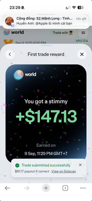 A mobile screenshot of the Worldcoin app showing a "First trade reward" notification with "You got a stimmy +$147.13" earned on 9 Sep at 11:29 PM GMT+7, with a green success banner stating "Trade submitted successfully" and a $91.17 payout if correct, viewable on Solscan, with the time 23:29 and battery at 51% visible at the top.