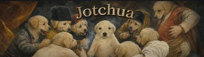 A classical-style painting depicts a group of golden retriever puppies dressed in Renaissance-era clothing, with the name 'Jotchua' displayed at the top.