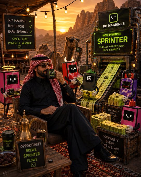 An AI-generated advertisement for 'RH MACHINES' showing a man in traditional Saudi attire drinking coffee, surrounded by cartoonish machines printing '$PRINTER' money, with signs reading 'BUY MACHINES, RUN EPOCHS, EARN $PRINTER' and 'COMMUNITY BUILDS. WE ALL WIN.'