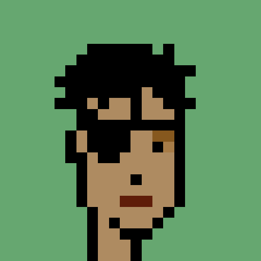 A pixel art portrait of a person with black hair on a green background.