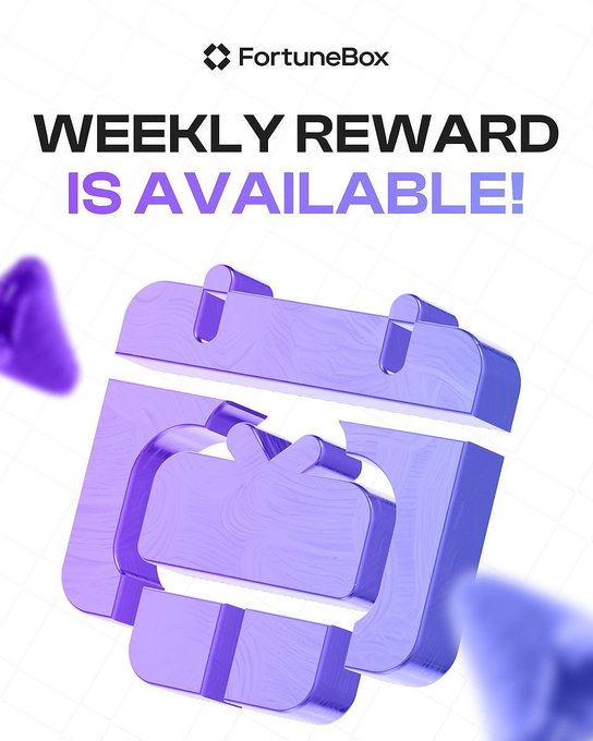 A promotional graphic from FortuneBox announcing 'WEEKLY REWARD IS AVAILABLE!' featuring a 3D purple gift box with a ribbon against a white grid background.
