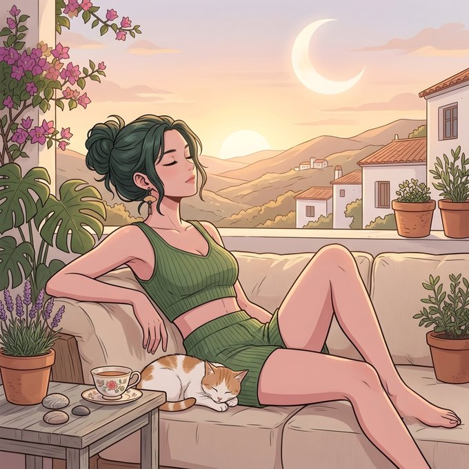 The image features a woman sitting on a couch with her legs crossed while holding a cat. The scene takes place outdoors, possibly at an apartment or a balcony. There are potted plants nearby, adding greenery to the setting. A cup is placed next to the woman and the cat, suggesting that she might be enjoying a drink as well.