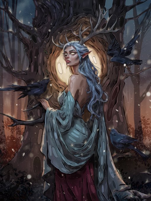 A fantasy illustration of a pale woman with antlers, long white hair, and glowing eyes, wearing a flowing teal robe while three black ravens perch around her in a misty forest.