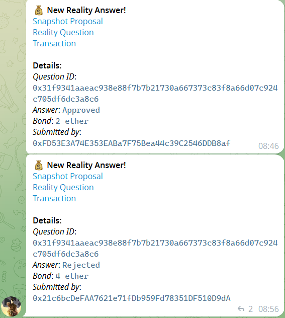 Telegram messages showing 'New Reality Answer' transactions on Snapshot, one with an Approved answer (2 ether bond) and another with a Rejected answer (4 ether bond).