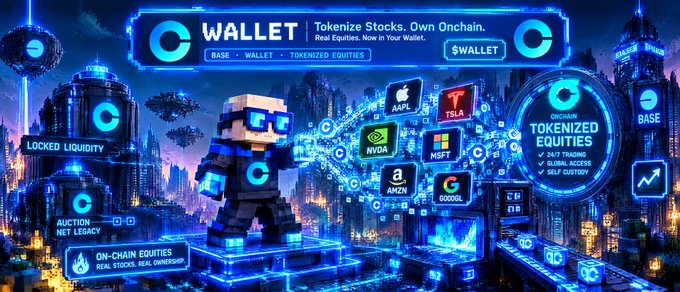 A promotional advertisement for "C Wallet" featuring a futuristic cityscape, a robot character, and various stock tickers including AAPL, TSLA, NVDA, MSFT, AMZN, and GOOGL promoting "Tokenized Stocks."
