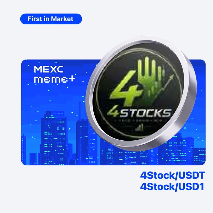 A promotional graphic announcing MEXC Meme+ listing of "$4Stock," featuring a "First in Market" badge, the 4Stock logo with a green hand symbol, and trading pairs 4Stock/USDT and 4Stock/USD1 against a blue cityscape background.