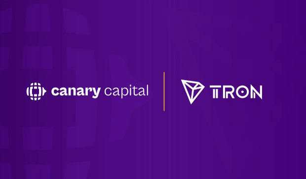 A purple graphic displaying the logos for 'canary capital' and 'TRON' side by side, separated by an orange vertical line.