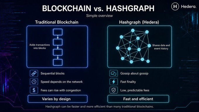 An infographic titled 'BLOCKCHAIN vs. HASHGRAPH' by Hedera, comparing 'Traditional Blockchain' (which uses sequential blocks and variable fees) to 'Hashgraph (Hedera)' (which uses gossip about gossip, has fast finality, and low predictable fees).