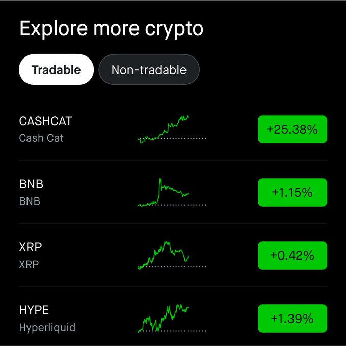 A "Explore more crypto" trading screen shows Cash Cat (CASHCAT) leading with a +25.38% gain, far outperforming BNB (+1.15%), XRP (+0.42%), and Hyperliquid (HYPE, +1.39%), illustrating the meme coin's standout surge amid what's being called a "cat coin renaissance."