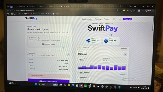 A laptop screen displays the SwiftPay testnet dashboard on platform.getswiftpay.xyz, showing options to sign in via external wallet or Circle wallet, along with testnet balance figures of $24,580.42 USDC and $8,260.00 EURC, illustrating a stablecoin payment platform built on the Arc Economic OS highlighted in the accompanying post.