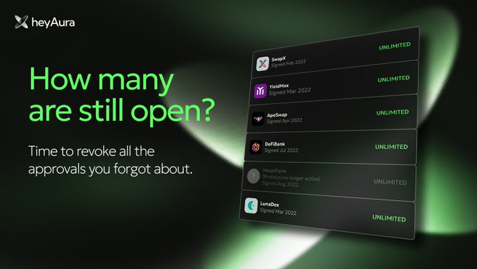 The image is a promotional graphic for "heyAura" featuring the text "How many are still open? Time to revoke all the approvals you forgot about," alongside a list showing several crypto protocols (SwapX, YieldMax, ApeSwap, DeFiBank, MoonFarm, and LendEx) signed between Feb–Aug 2022, each marked "UNLIMITED." It illustrates the post's warning about lingering unlimited token approvals from the 2021–22 bull run, many tied to protocols that may no longer be active or used.