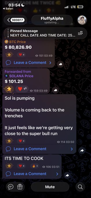 A Telegram channel screenshot from 'FluffyAlpha' showing crypto updates including BTC Price $80,826.90 and a forwarded message noting 'SOLANA Price $101.25', with text reading 'Sol is pumping' and 'ITS TIME TO COOK'.