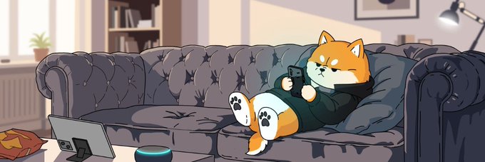 A relaxed Shiba Inu dog lounges on a tufted gray couch while scrolling on a phone, with a smart speaker and laptop nearby in a cozy living room setting. The image serves as the banner for the Solana token $SAGASU on Moby, evoking a laid-back, meme-inspired vibe fitting for a community-driven crypto project.