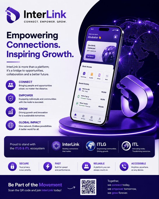 An advertisement for 'InterLink' platform with the tagline 'Empowering Connections. Inspiring Growth,' featuring a smartphone mockup and sections on Connect, Empower, Grow, and Global Impact.