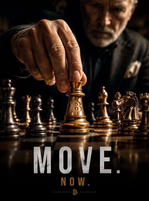 A promotional graphic featuring a man moving a chess piece on a board with the text 'MOVE NOW.' and a Bitcoin symbol.