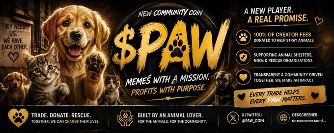 The image is a promotional graphic for the new community coin "$PAW," featuring a happy golden retriever and a kitten with a raised paw, surrounded by text highlighting its mission: "100% of creator fees donated to help stray animals," "supporting animal shelters, NGOs & rescue organizations," and calls to action like "Trade. Donate. Rescue." It directly mirrors the accompanying post announcing $PAW's launch and its commitment to using creator fees for stray animal support, with the contract address "9vKhEMB93dexuAQBVUkQXioTeuiSmdAWT7X5ssR9pum" and social handles "@PAW_COIN" visible for further engagement.