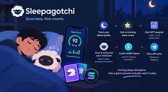 A promotional graphic for 'Sleepagotchi,' a sleep-tracking app with the tagline 'Good sleep. Real rewards.' and features including Sleep Score, NFT rewards, SHEEP tokens, and over 2M Telegram users.