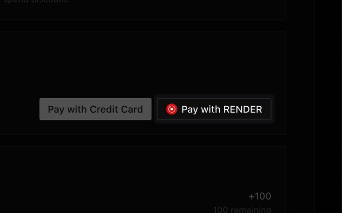 A dark payment interface shows two buttons: 'Pay with Credit Card' and 'Pay with RENDER', with a +100 reward notification in the corner.