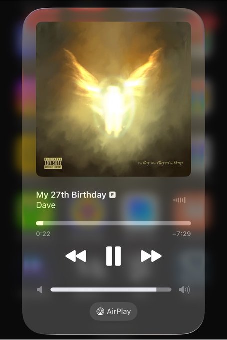 An iOS Now Playing widget displays a song titled "My 27th Birthday" by Dave playing on AirPlay at 0:22 with 7:29 remaining, featuring album art of a glowing angelic figure with "Parental Advisory" and "The Boy who Played vs. Hatp" labels—juxtaposing the personal birthday sentiment against the post's crypto price update (BTC $78k, ETH $2.4k, SOL $97, HYPE $81) as a cheeky contrast between life milestones and market chatter.
