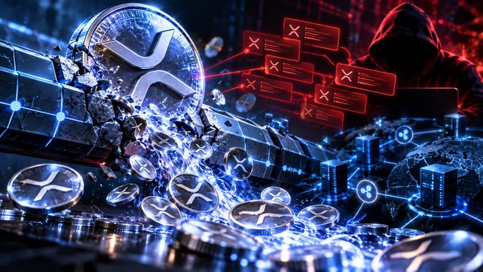 A dramatic digital artwork depicting a hooded hacker in red lighting, a large broken XRP coin, falling XRP coins, and blockchain-themed elements in blue tones.