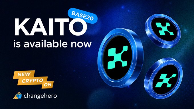 A promotional graphic announcing 'KAITO is available now' on BASE 20, featuring three blue glowing tokens with a cyan 'K' symbol, and a 'NEW CRYPTO ON changehero' badge.