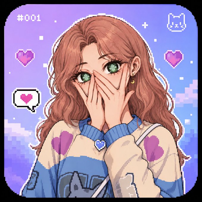 Pixel art illustration #001 of an anime-style girl with reddish-brown hair covering her mouth, wearing a pastel sweater with hearts and dollar signs in her eyes, set against a purple pixelated background.