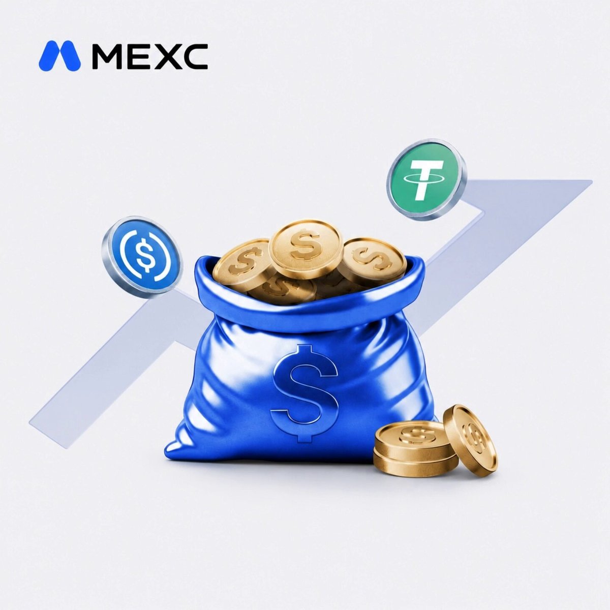 The image features a blue bag filled with gold coins, which are worth $1 each. The bag is placed against a white background, making the gold coins stand out prominently. Below the bag of coins, there's an arrow pointing upwards, indicating that the coins inside the bag have grown in value over time due to interest payments and reinvestment of dividends.

The image also includes text elements related to cryptocurrency trading. The text reads "Your Futures margin is already working. Now make it work overtime! Up to 20% APR Keep trading normally Daily interest payouts Activate MEXC Futures Earn and put idle capital to work." This message emphasizes the importance of investing in cryptocurrency and maximizing returns through smart trading strategies, as well as highlighting the potential benefits of using a margin account for increased trading power.