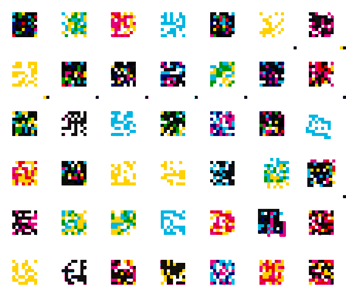 A grid of pixelated icons featuring various colorful, abstract designs on a white background.
