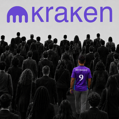 A Kraken cryptocurrency promotional image featuring a crowd of silhouetted figures with one person standing out wearing a purple 'SD Sonjoy 9' jersey beneath the Kraken logo.