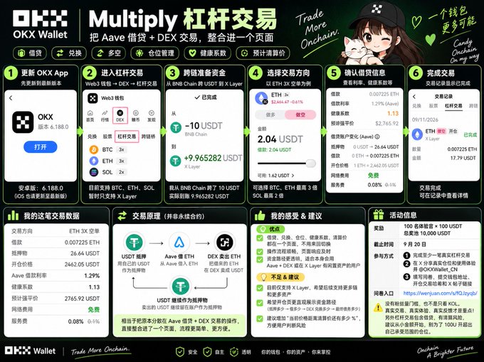 A detailed OKX Wallet tutorial graphic in Chinese titled 'Multiply 杠杆交易' explaining a 6-step process for Aave borrowing plus DEX trading, featuring an anime cat mascot and transaction details.
