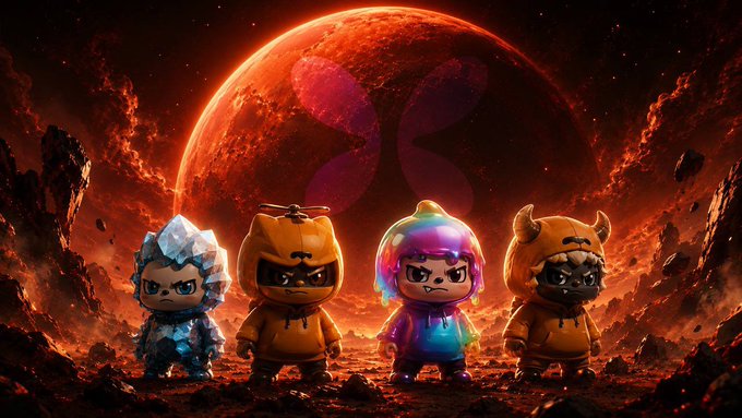 Four stylized 3D cartoon characters in hooded outfits (one with rainbow hair, others in brown/tan and icy blue) standing against a dramatic red planet backdrop with a logo symbol.