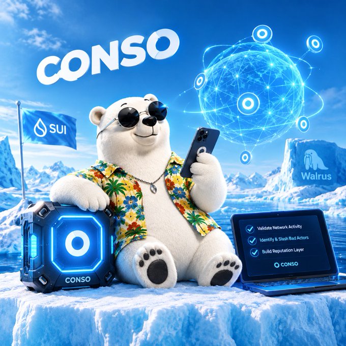 A 3D-rendered promotional image of a polar bear wearing sunglasses and a Hawaiian shirt on an iceberg, holding a phone, with branding for 'CONSO' alongside Sui and Walrus logos.