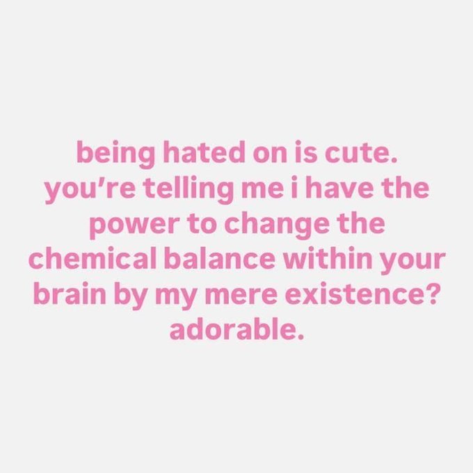 Pink text on a light gray background reads: 'being hated on is cute. you're telling me i have the power to change the chemical balance within your brain by my mere existence? adorable.'