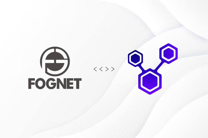 A graphic featuring the FOGNET logo alongside a purple hexagonal network icon, with code-style brackets between them.