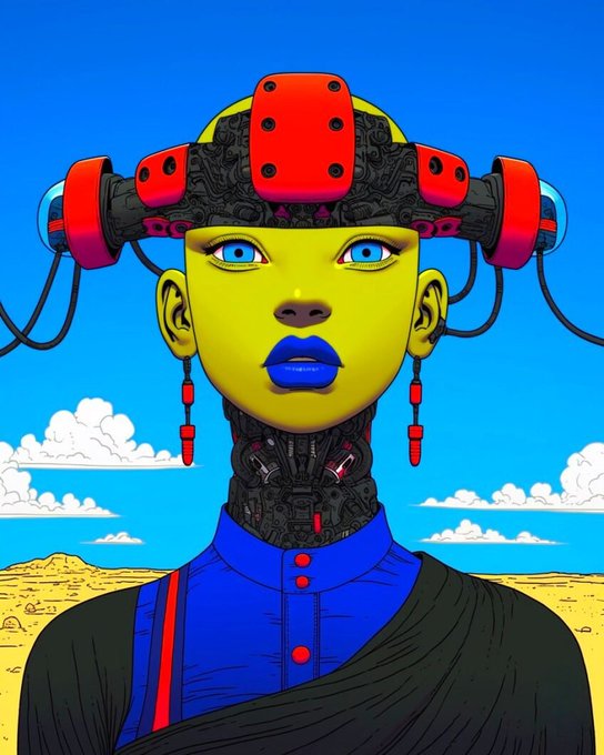A vibrant digital illustration shows a yellow-skinned figure wearing a futuristic red and black headpiece and a blue high-collared outfit against a blue sky with clouds.