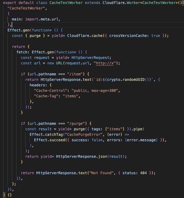 This image shows TypeScript code for a "CacheTestWorker" Cloudflare Worker class that handles HTTP requests with cache functionality. The worker responds to `/item` requests with a randomly-generated UUID tagged for caching, and processes `/purge` requests by purging the "items" cache tag—directly illustrating Alchemy v2's implementation of Cloudflare's new tagged cache purge feature.