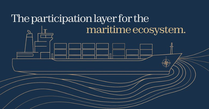 A navy blue graphic illustration shows a container ship with the text "The participation layer for the maritime ecosystem." above it.