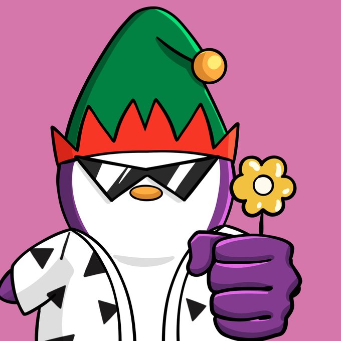A cartoon penguin wearing a green and red elf hat, black sunglasses, and a patterned shirt, giving a thumbs-up while holding a small yellow flower against a pink background.