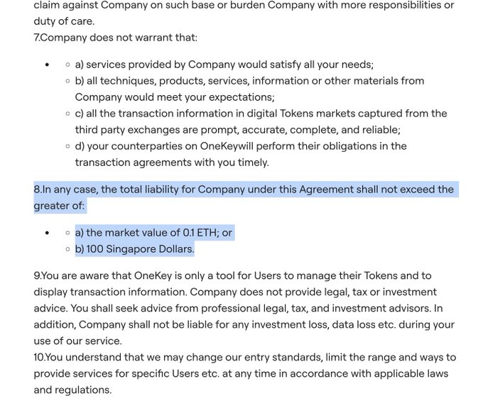 Screenshot of a legal terms of service document for 'OneKey' highlighting Section 8, which limits company liability to the greater of 0.1 ETH market value or 100 Singapore Dollars, and noting the company does not warrant service quality or counterparty performance.
