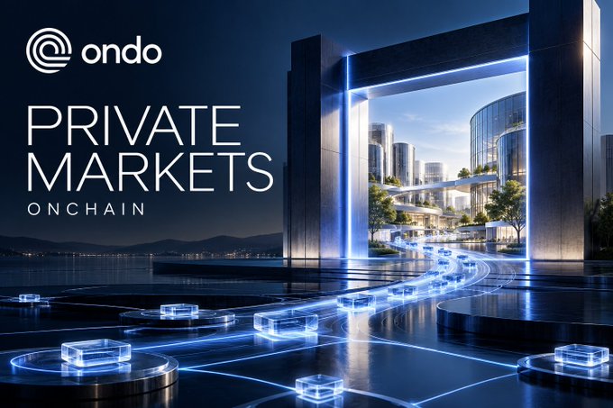 A promotional banner for 'ondo' featuring 'PRIVATE MARKETS ONCHAIN' text over a futuristic cityscape with glowing blue pathways connecting glass cubes.