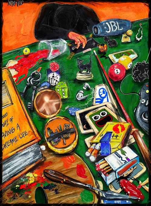 A vibrant, messy painting depicting a person at a table covered with various objects including a book titled 'THE WAY OF LIVING A FREAKY LIFE', dice, a JBL speaker, a cat figurine, and scattered art supplies.