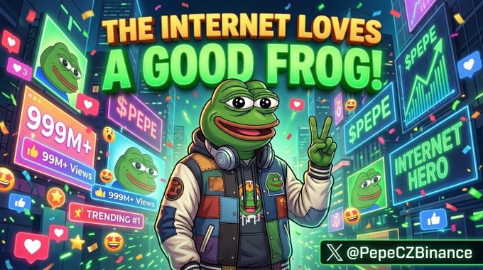 A colorful promotional graphic titled "THE INTERNET LOVES A GOOD FROG!" featuring an animated Pepe character with headphones, surrounded by $PEPE price charts, 999M+ views, TRENDING #1 badges, and the handle @PepeCZBinance.