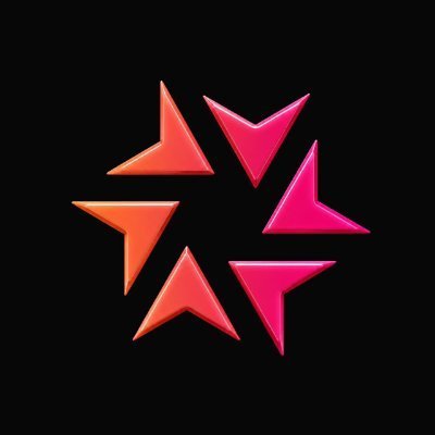 A stylized logo featuring six arrow-shaped elements in red and pink hues arranged in a circular star pattern on a black background.